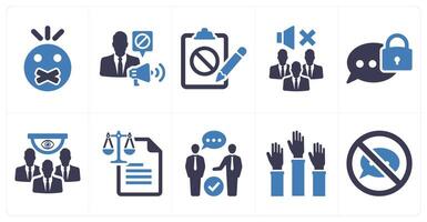 A set of 10 freedom of speech icons as censored, censorship, petition in blue filled color vector