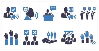 A set of 10 freedom of speech icons as free speech, protected speech, speech in blue filled color vector