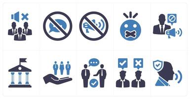 A set of 10 freedom of speech icons as mute people, prohibited, not allowed in blue filled color vector