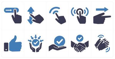 A set of 10 hands icons as slide gesture, scroll, click in blue filled color vector