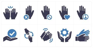A set of 10 hands icons as hands, stop, revolt in blue filled color vector