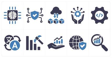 A set of 10 hard skills icons as artificial intelligence, cyber security, cloud computing in blue filled color vector