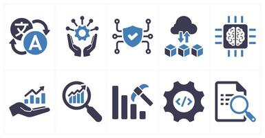 A set of 10 hard skills icons as foreign language, project management, cyber security in blue filled color vector