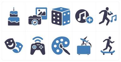 A set of 10 hobby icons as cooking, photography, dice in blue filled color vector
