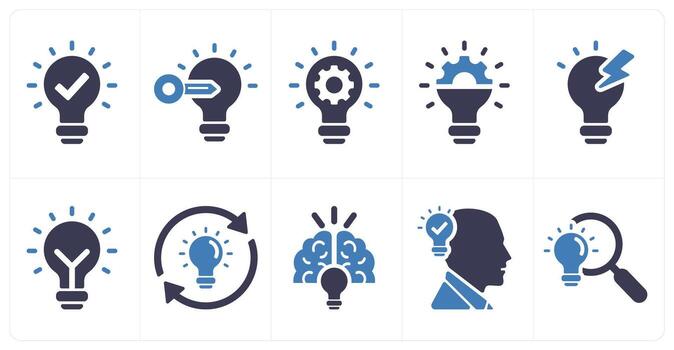 A set of 10 idea icons as idea, key idea, idea generation in blue filled color vector