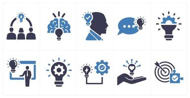A set of 10 idea icons as brainstorming, creative idea, head idea in blue filled color vector