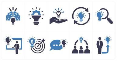 A set of 10 idea icons as creative idea, innovation, share idea in blue filled color vector