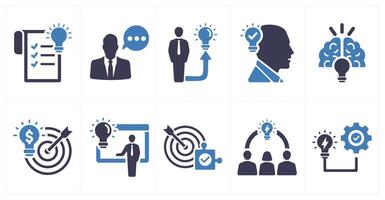 A set of 10 idea icons as thinking, having idea, head idea in blue filled color vector