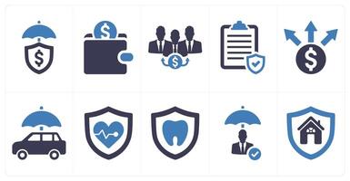 A set of 10 insurance icons as financial protection, savings, beneficiary in blue filled color vector