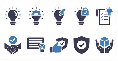 A set of 10 intellectual property icons as idea, innovation, invention in blue filled color vector