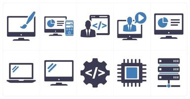 A set of 10 internet computer icons as web design, computer, developer in blue filled color vector
