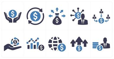 A set of 10 investment icons as asset, cash flow, liquidity in blue filled color vector