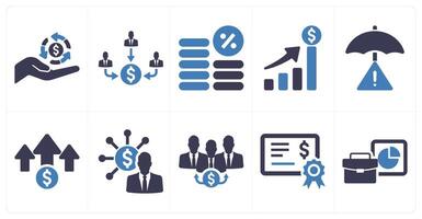A set of 10 investment icons as return on investment, mutual fund, interest in blue filled color vector