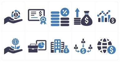 A set of 10 investment icons as return on investment, bond, interest in blue filled color vector