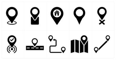 A set of 10 location icons as location, place, home location in black filled color vector