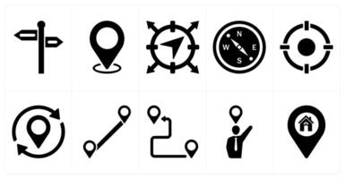 A set of 10 location icons as direction, location, navigation in black filled color vector