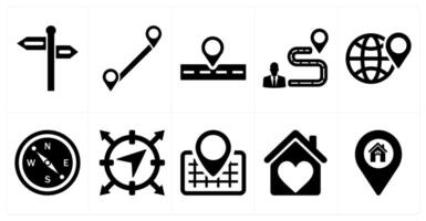 A set of 10 location icons as direction, distance, route in black filled color vector