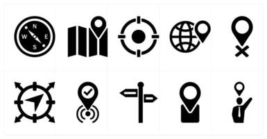 A set of 10 location icons as compass, map, target in black filled color vector