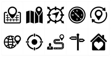 A set of 10 location icons as address, map, navigation in black filled color vector