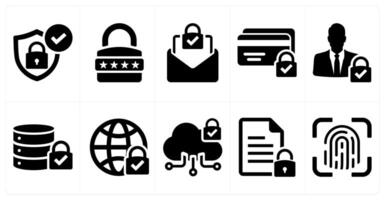 A set of 10 cyber security icons as security, password, email protection, secure payment in black filled color vector