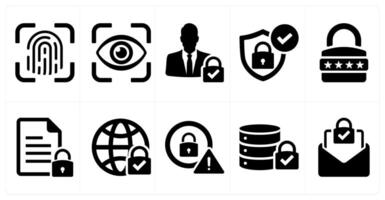 A set of 10 cyber security icons as fingerprint, eye scan, user access in black filled color vector