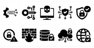 A set of 10 cyber security icons as technology, encryption, cyber crime in black filled color vector