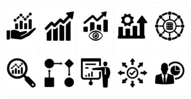 A set of 10 data analytics icons as data analytics, data chart, predictive analytics in black filled color vector
