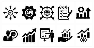 A set of 10 data analytics icons as research, api interface, network in black filled color vector