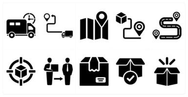 A set of 10 delivery icons as delivery on time, delivery location, maps in black filled color vector