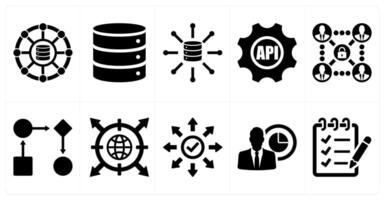 A set of 10 data analytics icons as structure, database, big data in black filled color vector