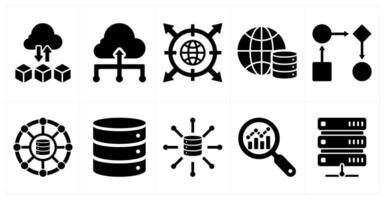 A set of 10 data analytics icons as cloud computing, cloud hosting, network in black filled color vector