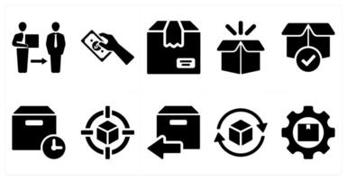 A set of 10 delivery icons as delivery on time, worldwide delivery, in black filled color vector