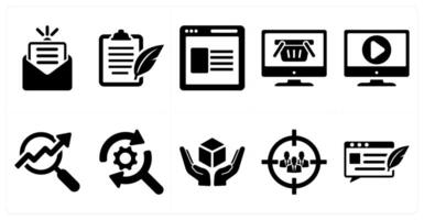 A set of 10 digital marketing icons as newsletter, content, website in black filled color vector