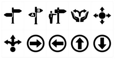 A set of 10 direction icons as direction, choice, indicate direction in black filled color vector