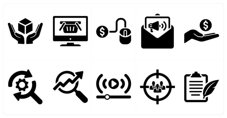 A set of 10 digital marketing icons as product, online shop, pay per click in black filled color
