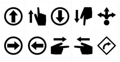 A set of 10 direction icons as up, point up, down in black filled color vector