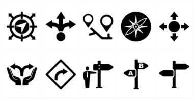 A set of 10 direction icons as navigation, way, itinerary in black filled color vector
