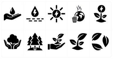 A set of 10 ecology icons as save water, hydro power, solar power in black filled color vector