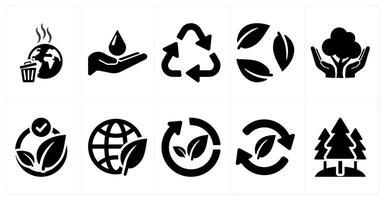 A set of 10 ecology icons as pollution, save water, recycle in black filled color vector