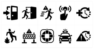 A set of 10 emergency icons as exit, evacuation, escape in black filled color vector