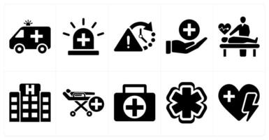 A set of 10 emergency icons as ambulance, emergency, urgent in black filled color vector