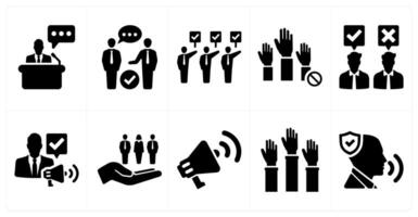 A set of 10 freedom of speech icons as speech, debate, protest in black filled color vector