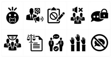 A set of 10 freedom of speech icons as censored, censorship, petition in black filled color vector