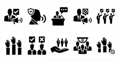 A set of 10 freedom of speech icons as free speech, protected speech, speech in black filled color vector