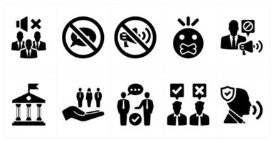 A set of 10 freedom of speech icons as mute people, prohibited, not allowed in black filled color vector