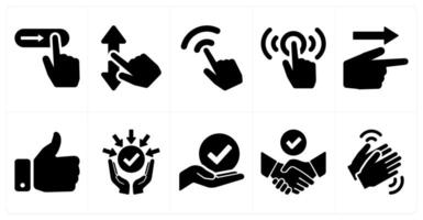 A set of 10 hands icons as slide gesture, scroll, click in black filled color vector