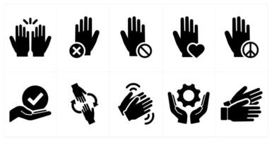 A set of 10 hands icons as hands, stop, revolt in black filled color vector
