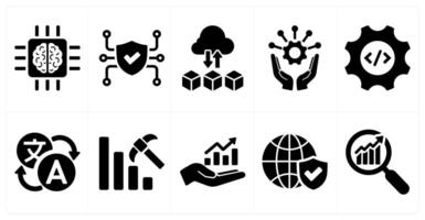 A set of 10 hard skills icons as artificial intelligence, cyber security, cloud computing in black filled color vector