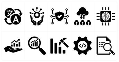 A set of 10 hard skills icons as foreign language, project management, cyber security in black filled color vector