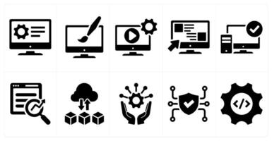 A set of 10 hard skills icons as software development, graphic design, editing in black filled color vector